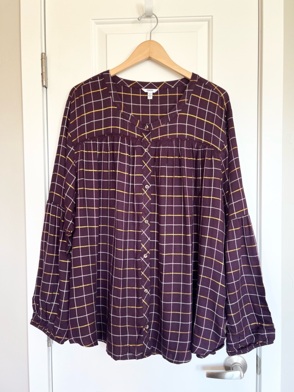 Sonoma Women’s burgundy plaid blouse Size 3X Metallic Loose Relaxed fit Western